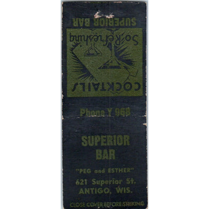 Superior Bar Peg & Esther Antigo WI Vintage Matchbook Cover SD2-Y15