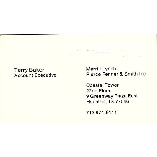Merrill Lynch Terry Baker Houston Texas Vintage Business Card SB4-B1