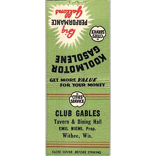 Club Gables Tavern Emil Niemi Withee WI Vintage Matchbook Cover SC7-Y11