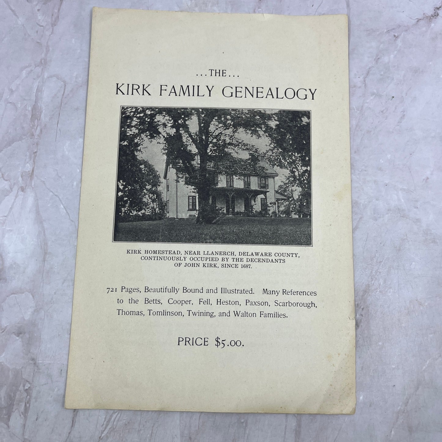 1920s The Kirk Family Genealogy Advertising Leaflet Llanerch Delaware County D22