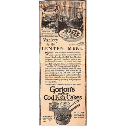 Gorton-Pew Fisheries Lenten Menu Gorton's Cod Cakes Gloucester MA 1931 Ad AG3-4