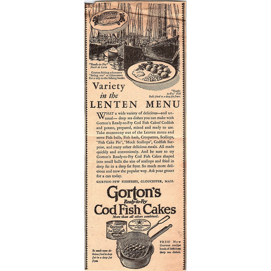 Gorton-Pew Fisheries Lenten Menu Gorton's Cod Cakes Gloucester MA 1931 Ad AG3-4