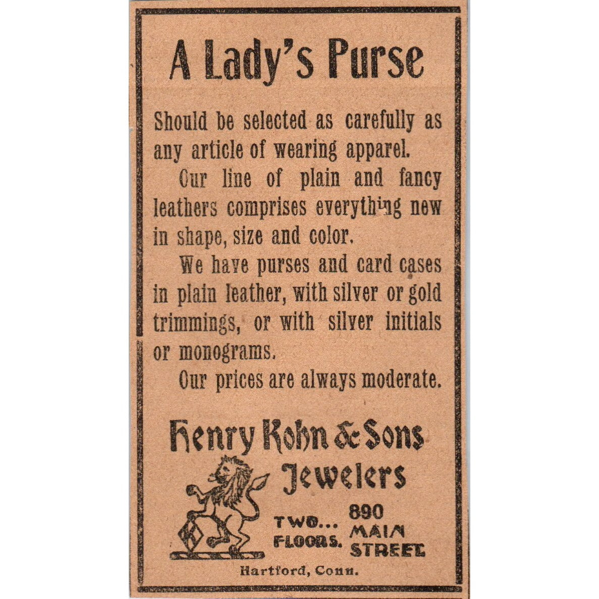 Henry Rohn & Sons Jewelers Main Street Hartford 1901 Newspaper Ad AD8-H3