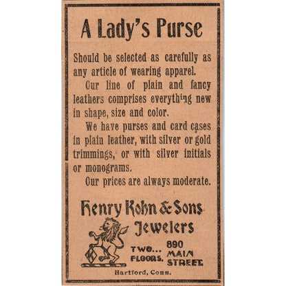 Henry Rohn & Sons Jewelers Main Street Hartford 1901 Newspaper Ad AD8-H3