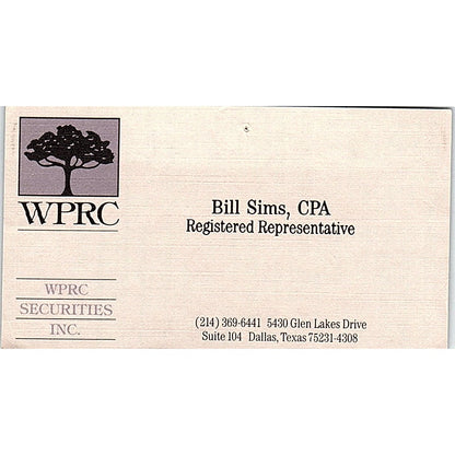 WPRC Securities Bill Sims Glen Lakes Drive Dallas Texas Business Card SF3-B3