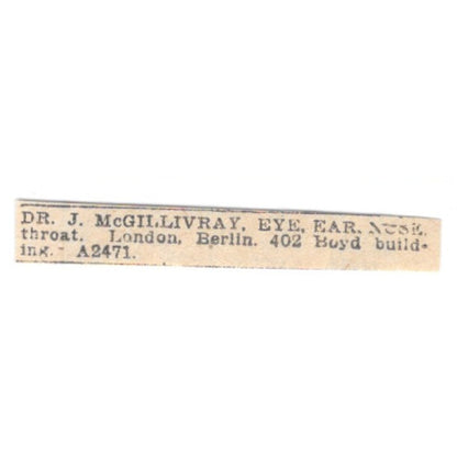 Dr J McGillivray Eye Ear Nose Throat 402 Boyd Bldg Winnipeg 1920 Ad AG2-S10