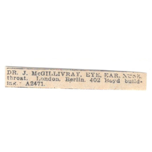 Dr J McGillivray Eye Ear Nose Throat 402 Boyd Bldg Winnipeg 1920 Ad AG2-S10