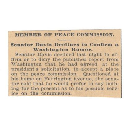 Senator Davis Denies Accepting Peace Commission St Paul 1898 Newspaper Ad AF2-S3