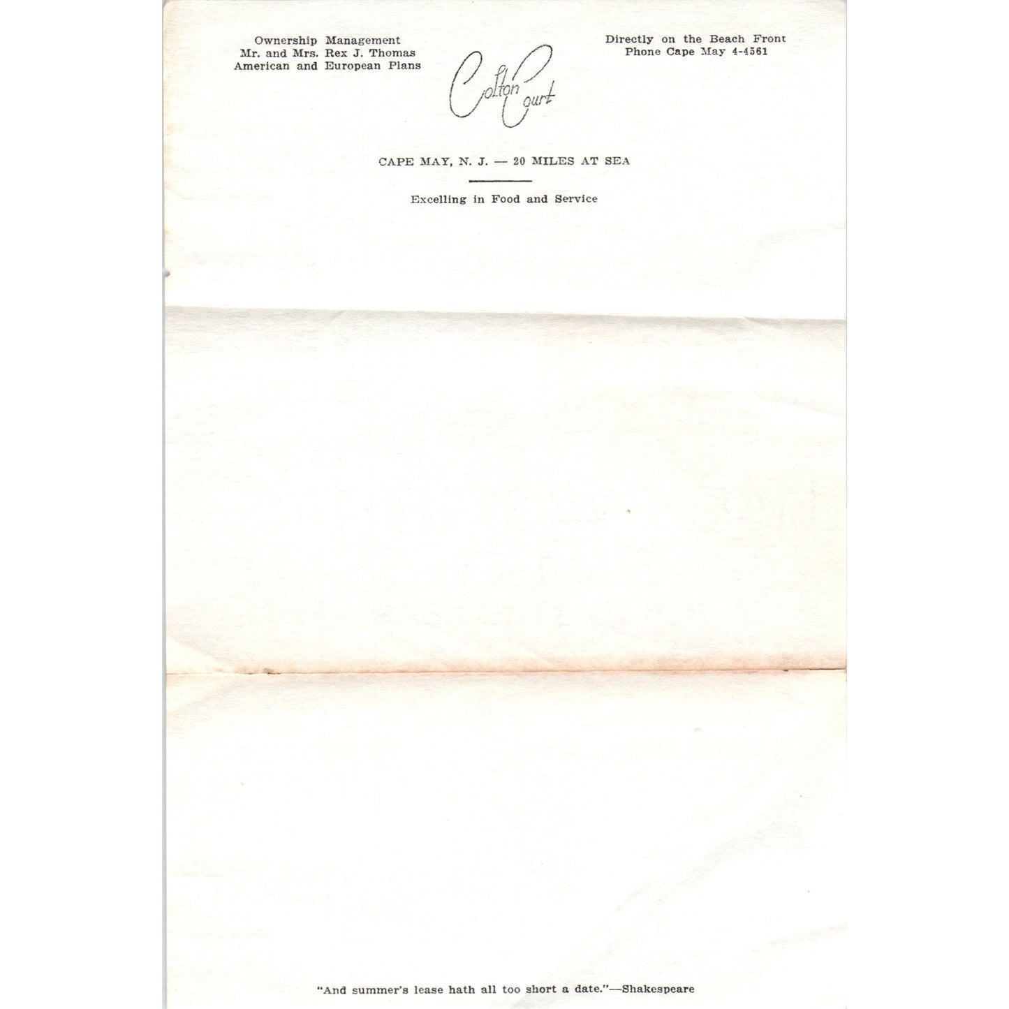 Vintage Blank Stationary Coulton Court Cape May NJ Mr & Mrs Rex J Thomas D18