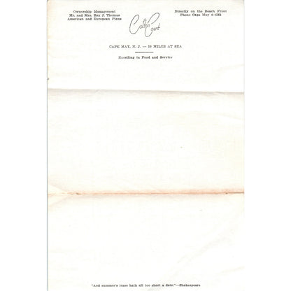 Vintage Blank Stationary Coulton Court Cape May NJ Mr & Mrs Rex J Thomas D18