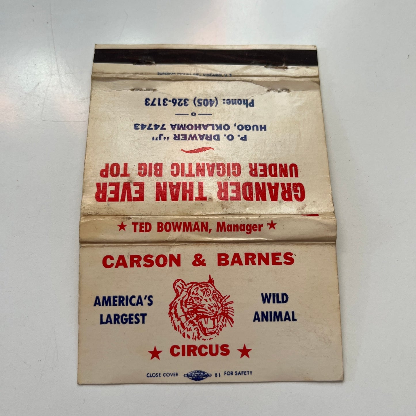 Carson & Barnes Circus Hugo Oklahoma Vintage Matchbook Cover SA6-M10