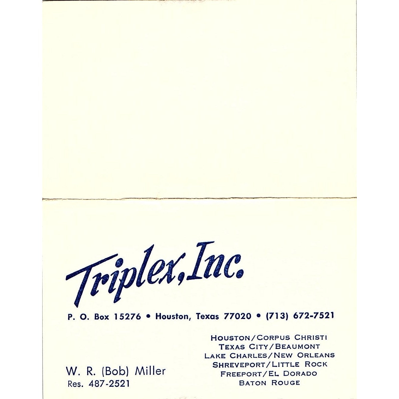 W.R. Bob Miller Triplex Inc Houston TX Vintage Business Card TH2-B1