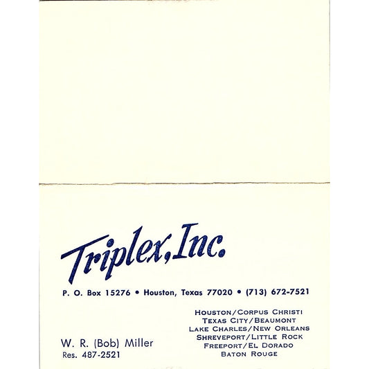 W.R. Bob Miller Triplex Inc Houston TX Vintage Business Card TH2-B1