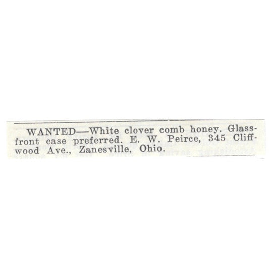 E.W. Peirce Clover Honey Wanted Zanesville Ohio 1926 Ad AG3-S19