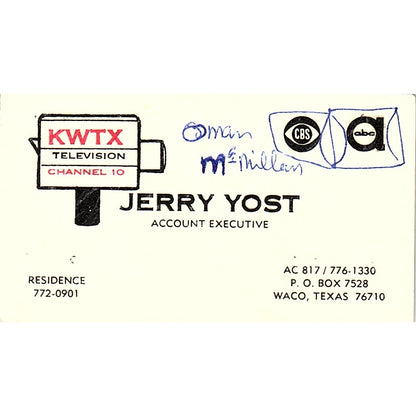 KWTX Television Channel 10 Jerry Yost Waco TX Vintage Business Card SSB4-B12