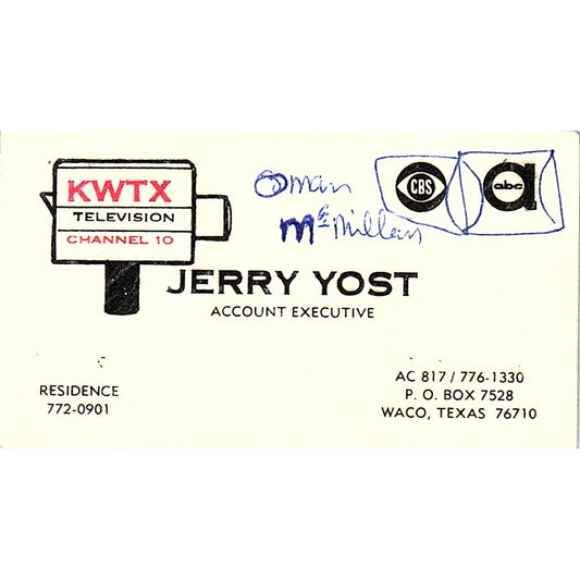 KWTX Television Channel 10 Jerry Yost Waco TX Vintage Business Card SSB4-B12