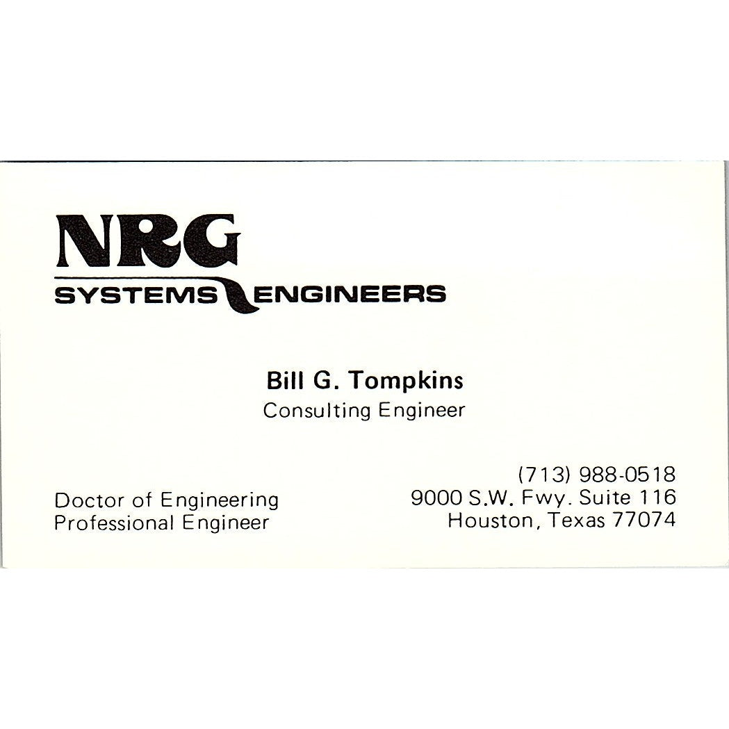 NRG Sysrtem Engineers Bill G. Tompkins Houston TX Vintage Business Card SF3-B5