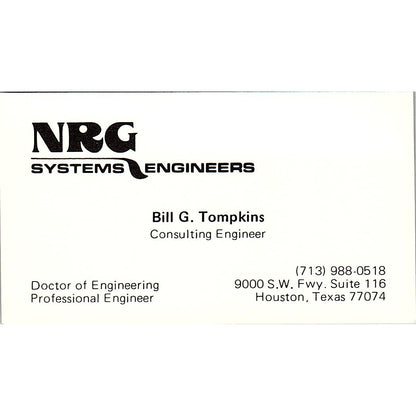 NRG Sysrtem Engineers Bill G. Tompkins Houston TX Vintage Business Card SF3-B5