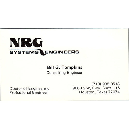 NRG System Engineers Bill G. Tompkins Houston TX Vintage Business Card SF3-B5