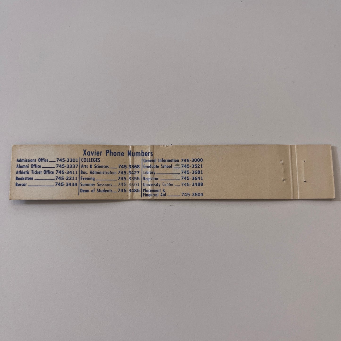 Xavier University Musketeers Important Phone Numbers Vintage Matchbook TB6-MB2-9