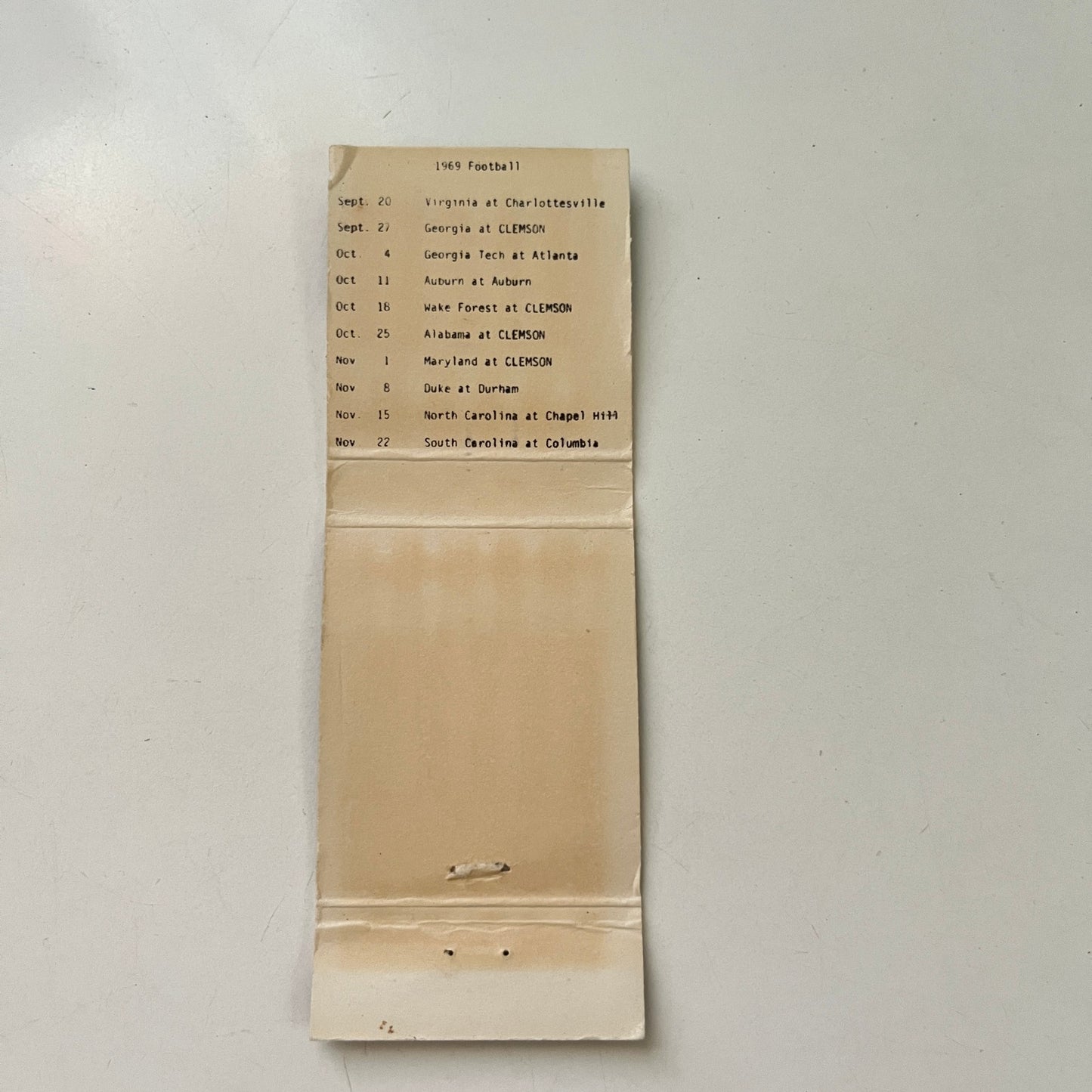 Wometco Vending Co Clemson SC 1969 Football Schedule Matchbook Cover MB75-2