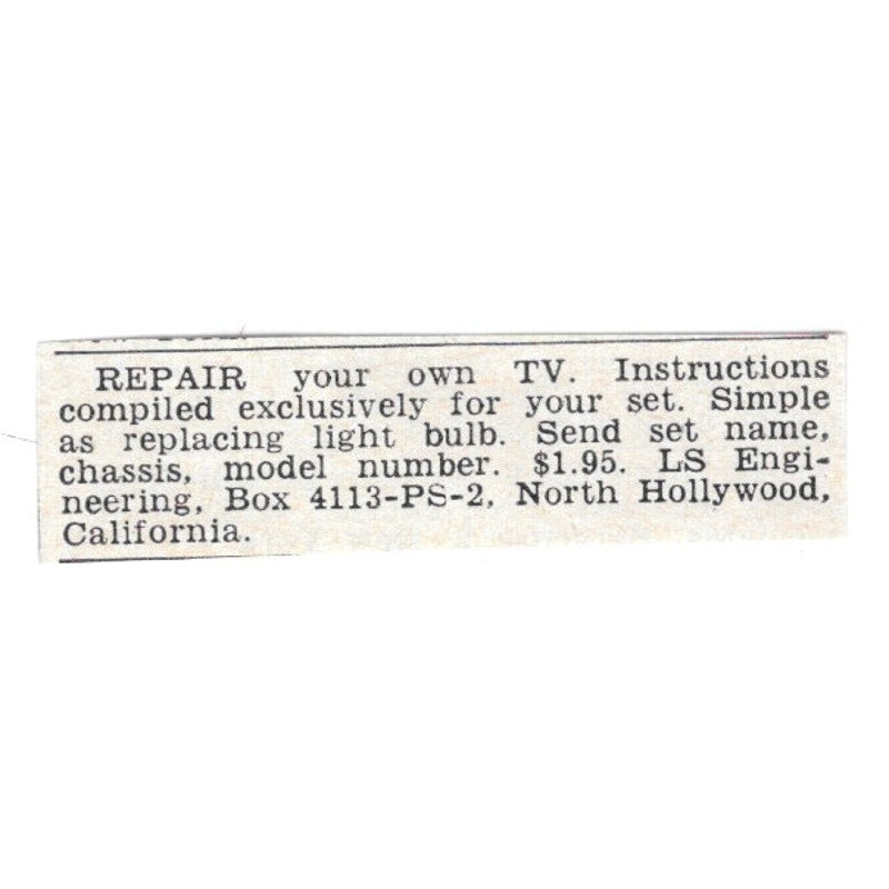 DIY TV Repair - LS Engineering North Hollywood CA 1955 Ad AG1-S8