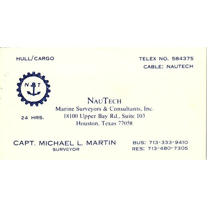 Capt Michael L Martin NauTech Surveyors Houston Vintage Business Card SC9-B4