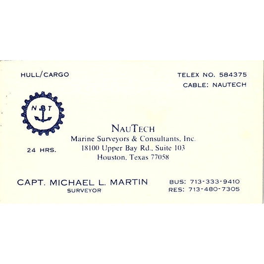 Capt Michael L Martin NauTech Surveyors Houston Vintage Business Card SC9-B4