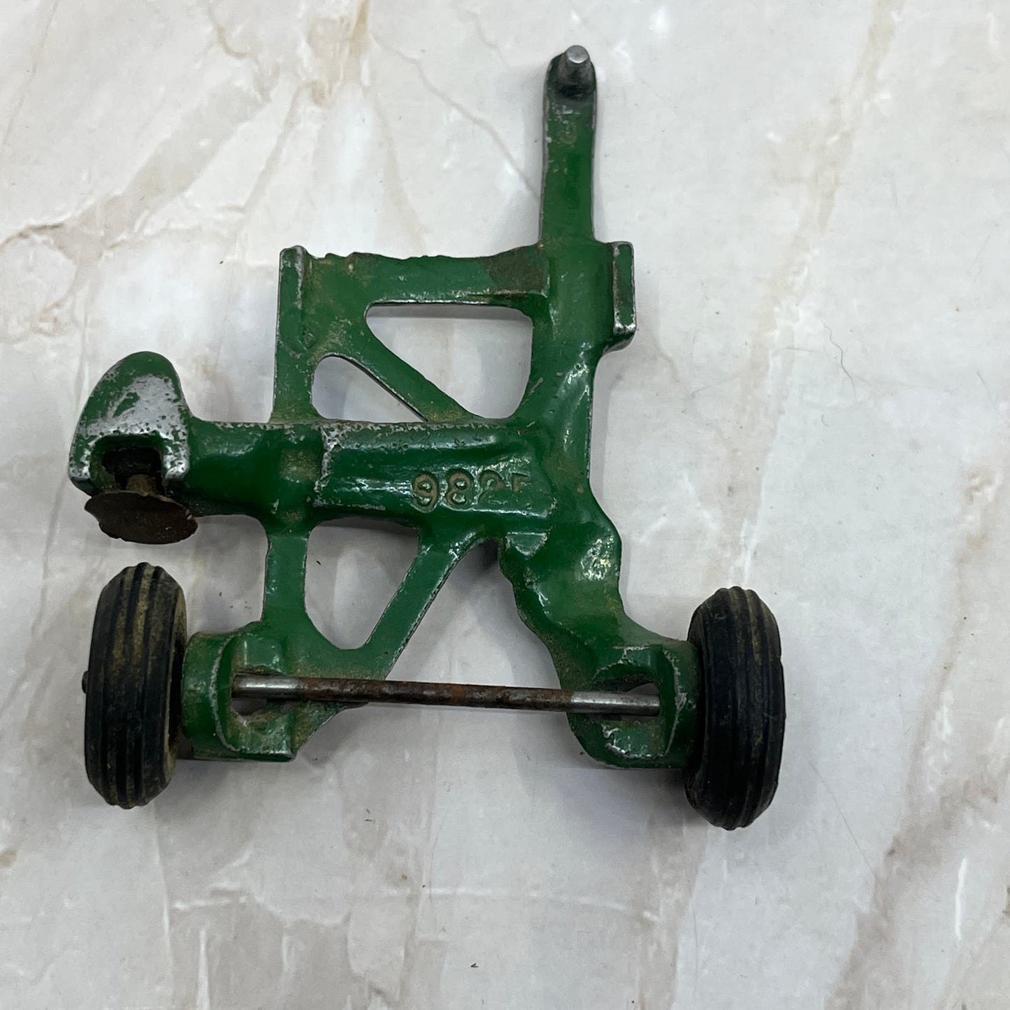 Vtg Sickle Bar Pull Behind mower Metal toy green 9826 Rubber Wheels 3.5” TH5