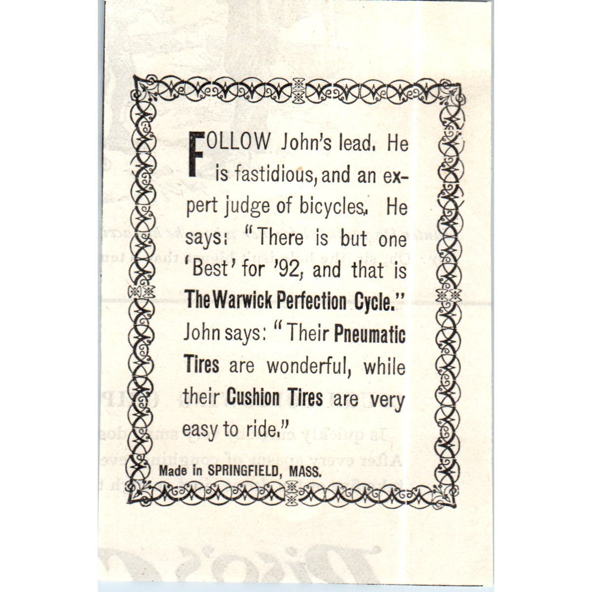 The Warwick Perfection Cycle Pneumatic Bicycle Tires c1890 Victorian Ad AE8-CH5