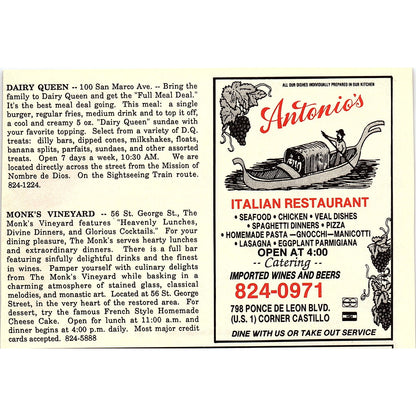 Santa Maria Restaurant Connell City Yacht Pier St. Augustine FL 1989 Ad AF9-12