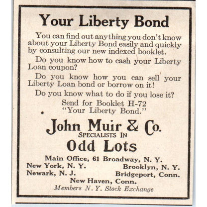Liberty Bonds John Muir & Co Odd Lots NY 1918 Magazine Ad AF1-WH1