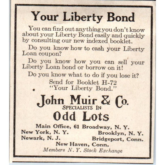Liberty Bonds John Muir & Co Odd Lots NY 1918 Magazine Ad AF1-WH1