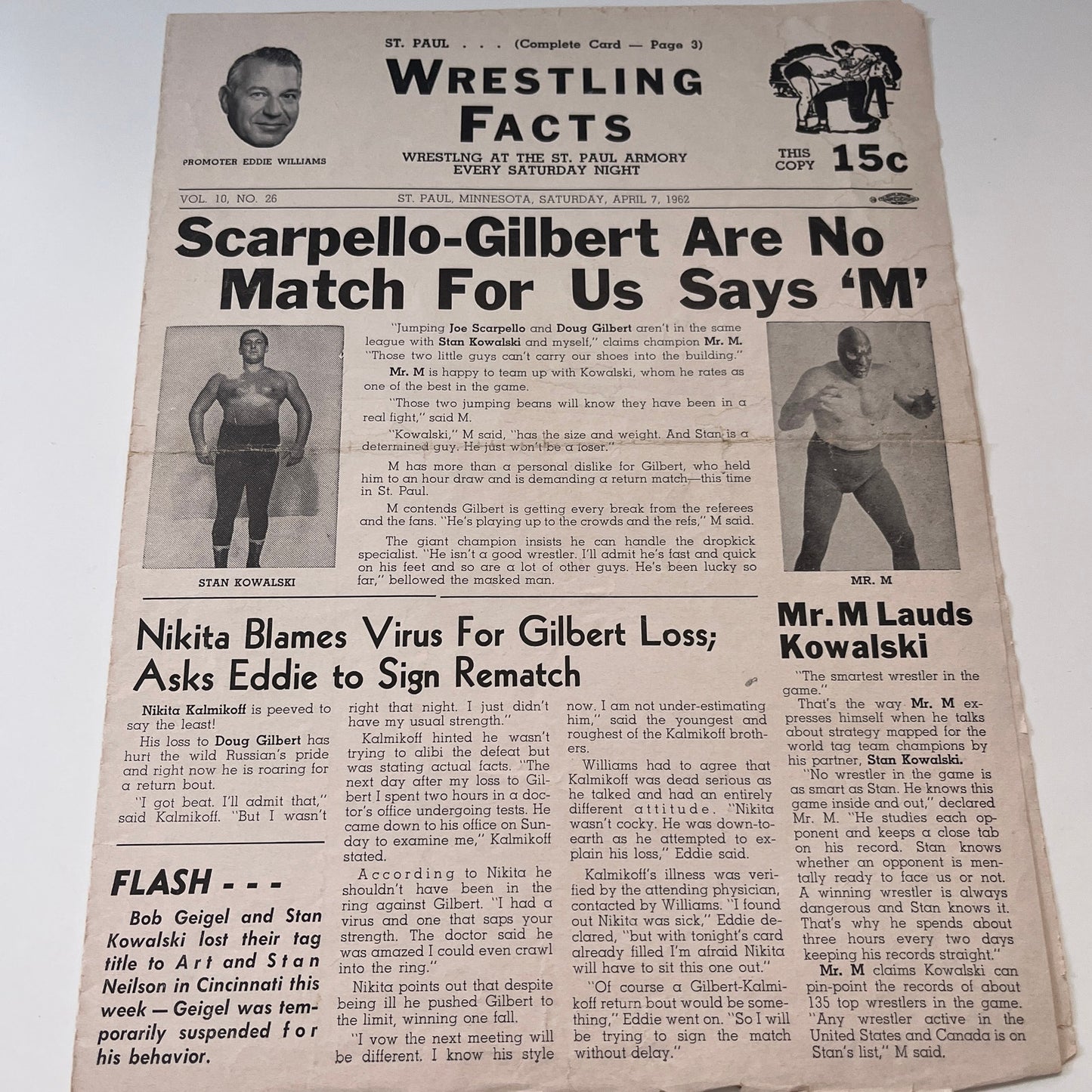 Mr M Kowalski Scarpello Gilbert Apr 7 1962 Wrestling Facts Program & Card V1-3