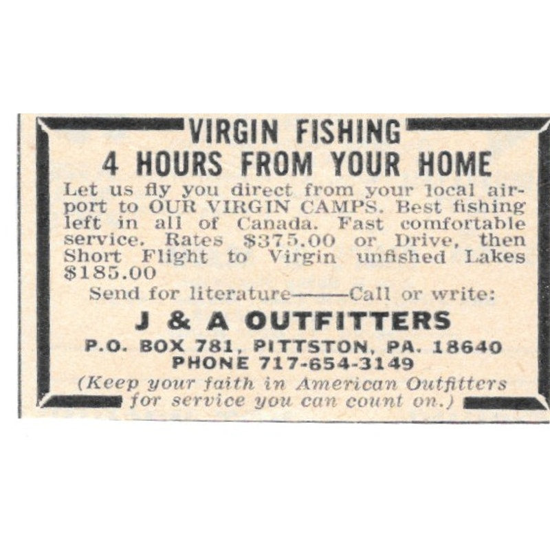J&A Outfitters Virgin Fishing Pittston PA 1977 Ad AF6-S4