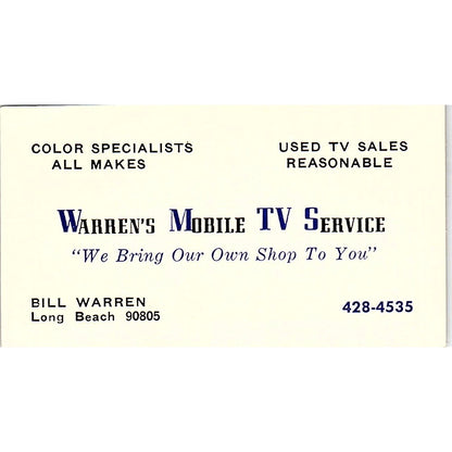 Warren's Mobile TV Service Bill Warren Long Beach CA Business Card SSB4-B12