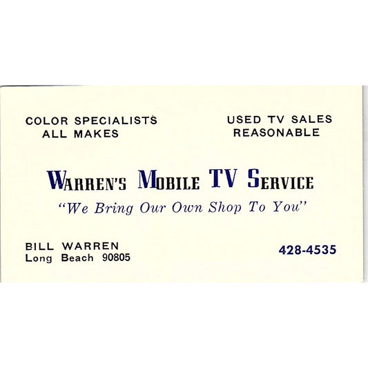Warren's Mobile TV Service Bill Warren Long Beach CA Business Card SSB4-B12