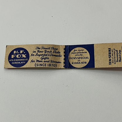 H.H. Fox Tobacconist Geneva NY Vintage Matchbook Cover TB6-MB1-12