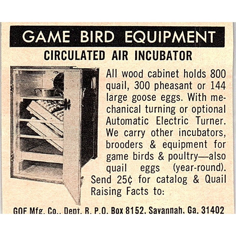 Game Bird Equipment Air Incubator GQF Mfg Co Savannah GA 1977 Ad AF6-M2