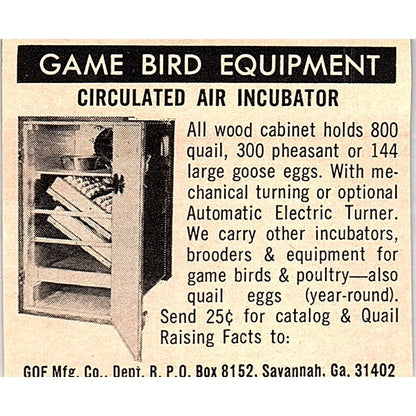 Game Bird Equipment Air Incubator GQF Mfg Co Savannah GA 1977 Ad AF6-M2
