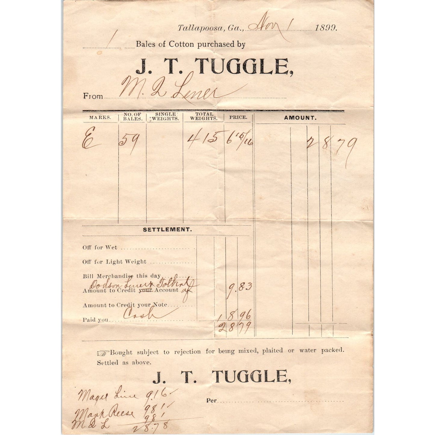 J.T. Tuggle Cotton Tallapoosa 1899 Original Billhead Letterhead Receipt D8-LL-2