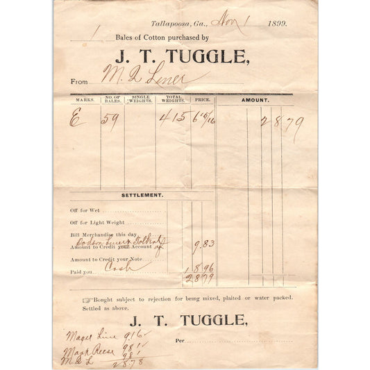 J.T. Tuggle Cotton Tallapoosa 1899 Original Billhead Letterhead Receipt D8-LL-2