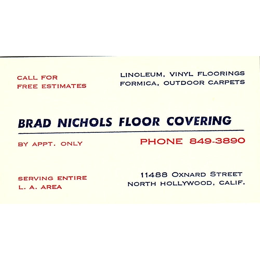 Brad Nichols Floor Covering North Hollywood CA Vintage business Card SF3-B6