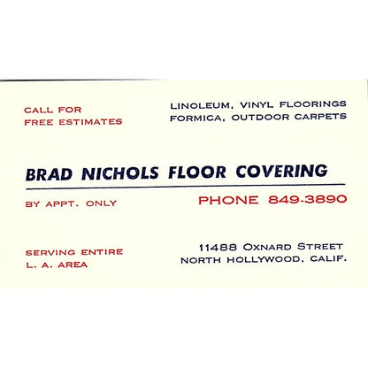 Brad Nichols Floor Covering North Hollywood CA Vintage business Card SF3-B6