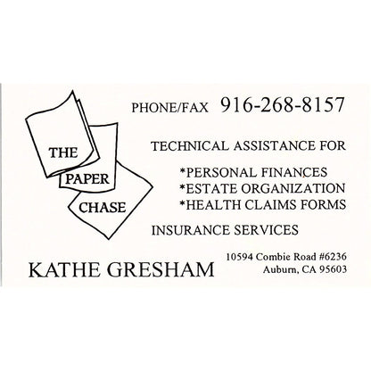 Kathe Gresham The Paper Chase Auburn CA Vintage Business Card SD9-B14