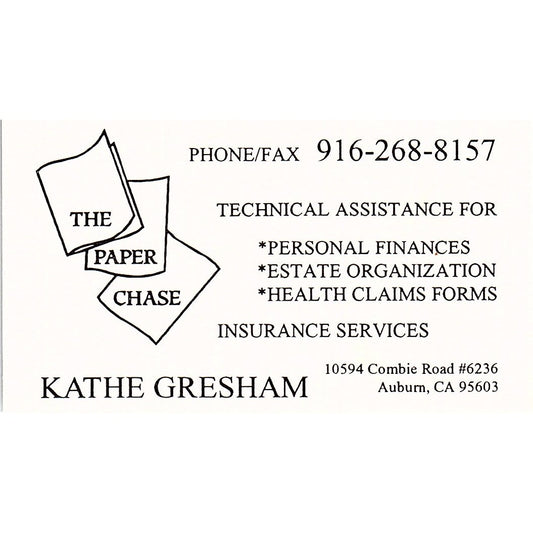 Kathe Gresham The Paper Chase Auburn CA Vintage Business Card SD9-B14