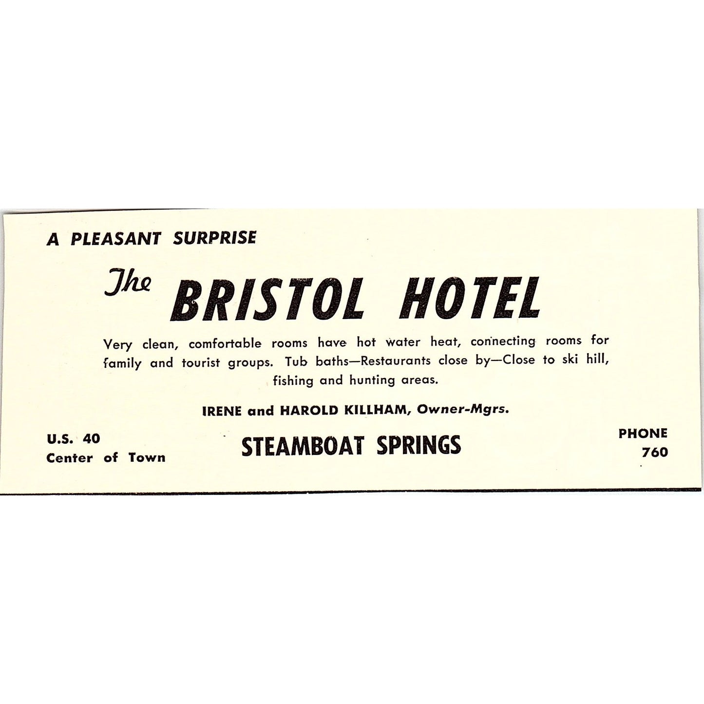 Bristol Hotel Irene & Harold Killham Steamboat Springs CO 1958 Ad AG1-M1