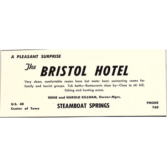Bristol Hotel Irene & Harold Killham Steamboat Springs CO 1958 Ad AG1-M1