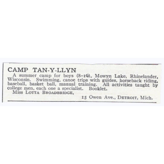 Camp Tan-y-llyn Lotta Broadbridge Detroit c1918 Original Advertisement AE5-SA8