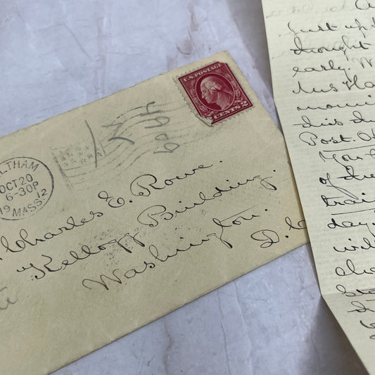 1912 Waltham MA to Mrs. Charles E. Rowe Washington DC Postal Cover Ai5-PCL